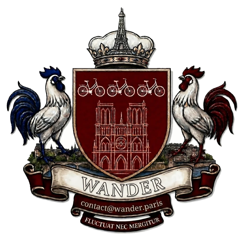 Blason de Wander : couronne surmontée de la tour Eiffel, écu bordeaux frappé de trois vélos et de Notre-Dame, encadré de deux coqs, devise Fluctuat nec mergitur.